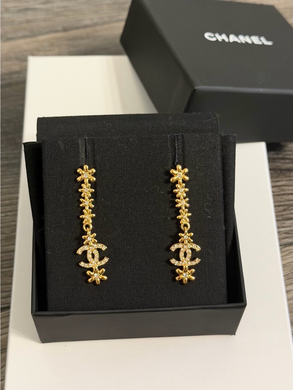 CHANEL Gold Floral Crystal CC Drop Earrings